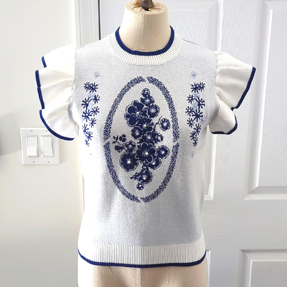 White and Blue Floral Knit Top
